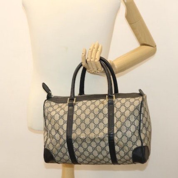 Authentic Gucci Vintage Canvas Gg Pattern Boston Bag Navy Blue/Beige - Picture 10 of 12